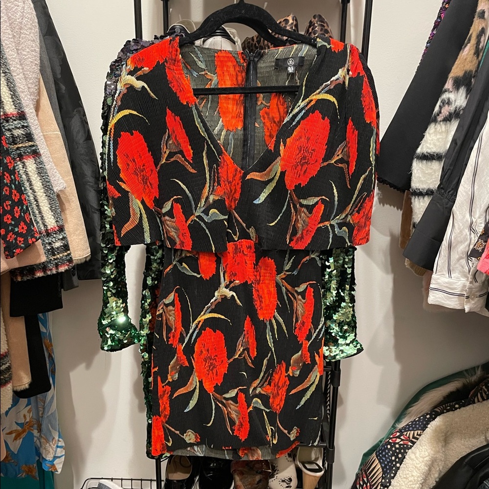 Floral crinkle cape deep V cocktail dress